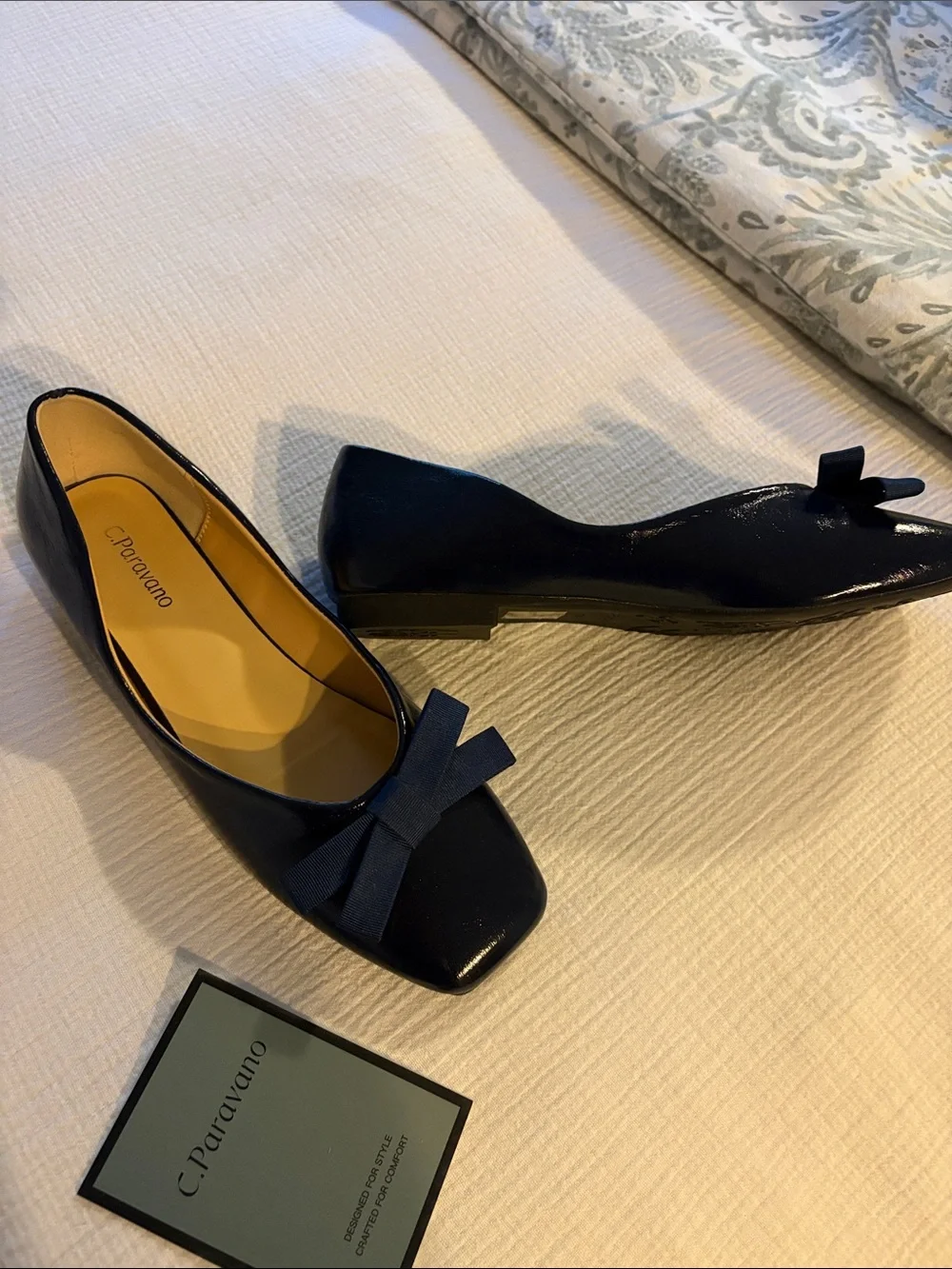 C. Paravano Navy Patent Bow Square-Toe Flats